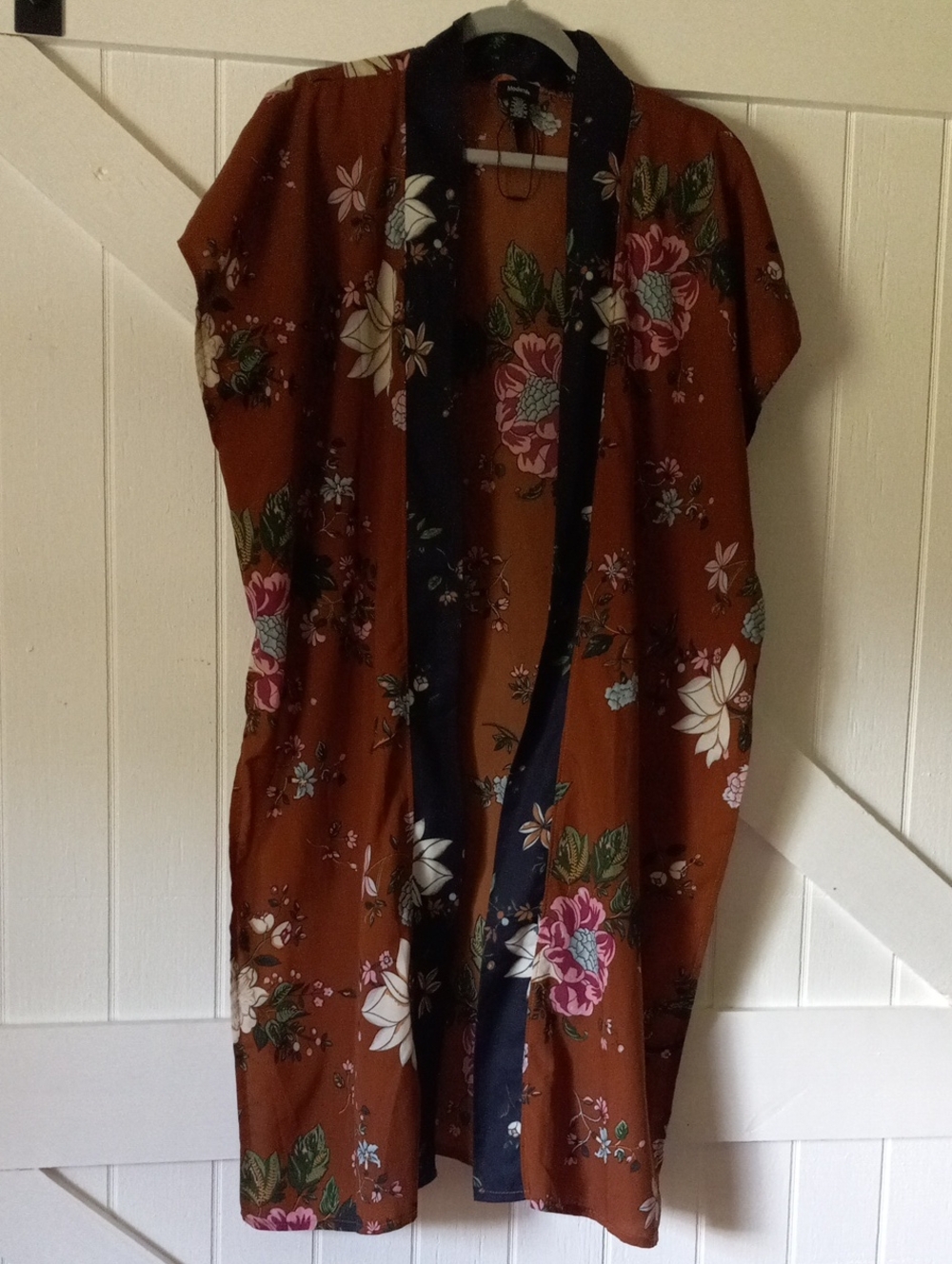 Modena Floral Kimono Duster in Rust with Navy Trim